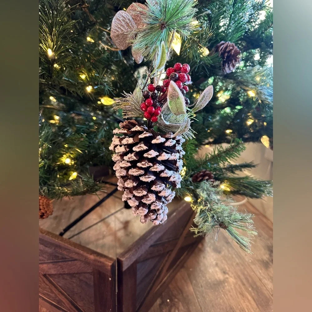 Rustic Pinecone Ornament Snow Flocked Red Berry Farmhouse Holiday Decor